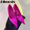 Dress Shoes 2024 Runway Rhinestone Rivet Pointed Toe Women Satin Shallow Thin Heels Sexy Office Work High