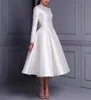 2024 Niestandardowa długość herbaty O Neck Taffet Wedding Dres z kieszeniami A-line Biała sukienki ślubne z tyłu ślubnych sukienki dla kobiet