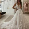 Lorie Blush Pink Lace Elegant Wedding Dres Low-Cut V-Neck-applikationer A-line brudklänningar Princ Spaghetti Straps Brudklänning D8AA#