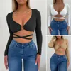 Vrouwen T-shirts Sexy V-hals Hollow Out Slim Cropped T-shirts Zomer Vrouwen Lange Mouw Metalen Ring Bandage Tee tops LDY-WH4869