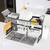 Égouttoir à vaisselle de rangement de cuisine, grand égouttoir réglable à 2 niveaux en acier inoxydable pour organisateur de comptoir avec 5 crochets utilitaires - Noir