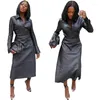 Work Dresses Black PU Faux Leather Patchwork Casual Outfits Women Two Piece Set Flare Sleeve Single Breasted Shirt Top And A-line Skirt Sets