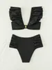 Kvinnors badkläder Tvådel bikini svart lotus blad axel hög midja baddräkt badkvinnor bikinis sommarstrand baddräkt