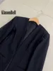 Ternos femininos 1.15 klasonbell moda jaqueta de lã sem gola para roupas femininas preto com decote em v fivela de gancho design de cinto de renda midi blazer