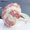 Свадебные цветы JaneVini Элегантные свадебные букеты телесного цвета с розовой лентой Бисерный жемчуг Искусственные атласные розы Букет невесты для подружки невесты