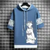 Men's Hoodies Sweatshirts Japan Fashion Mens Hoodies Summer Men Clothing Cartoon Casual Harajuku Streetwear Print Hooded Top Short Sleeve Sweatshirts Men 24328