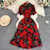 estate vintage donna stampato Lg Dr elegante colletto rovesciato monopetto manica corta vita alta A-Line Maxi Vestido Nuovo v2DS #