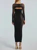 Vestidos casuais mulheres sexy oco para fora vestido longo strapless backless bodycon sheer com manga encolher para clube festa streetwear