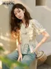 Kvinnors t-shirt Mishow Womens Sweet Embroidery Flower Bluses 2023 Summer Puff Sleeve Asymmetric V Neck Turn-Down Collar Chiffon Top MXC36C003224329