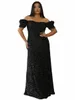 Mıksatı siyah pullu artı akşam akşam dr zarif kadın omuz kapalı kısa kollu A-line düğün partisi balo LG elbisesi L87B#