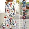 Partykleider Damen Sommerkleid Blumendruck O-Ausschnitt Kurzarm Midi A-Linie Taschen Lockerer Saum Mittelkalblänge Lässig für den Alltag