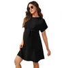 Maternity Dresses 2023 Summer Pregnant Women O-Neck Short Sleeve Lapel Patch Pregnant Womens Clothing Solid Color Bandage Dress NewL2403