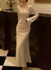Autumn Satin LG Dres for Women Flare Sleeve Slim Mermaid Spring French Vintage Wedding Party Prom Robe Vestidos Para Mujer 59LJ#