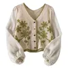 women Casual V-Neck Butt Down Cropped Cardigan Puff Lg Sleeve Elegant Embroidery Floral for JACKET Cover Up Blouse l3NZ#