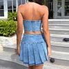 Work Dresses Echoine Strapless Crop Top And Pleated Mini Skirt Denim Split Two Piece Set Sexy Party Clubwear Women Girl Outfits