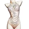 shining Diamds Nude Mesh See Through Bodysuits Stretch Sleevel Halter Leotard Nightclub Singer Dancer Show Stage Wear k6fU#