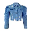 Y2K Women's Ripped Denim Jacket Casual LG Puff Sleeve Butt Down Cropped Jean Coats for Fall D1pa#