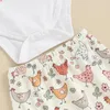 Giyim Setleri Bebek Bebek Kız Yaz Kıyafetleri Civciv Baskı Kısa Kollu Romper Elastik Bel Çiçek Pantolon Kafa Bandı Toddler 3 Parça Set