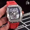 Rote Luxus-Herrenuhr, schwarzes Gummi, Herren-Saphir, automatischer mechanischer Tourbillion-Kalender, silbergraues Skelett, Sport