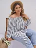 Gibsie Plus Size Boho Off Hombro Tops para mujeres 2024 Primavera Casual LG Manga Tie Frt Estampado étnico Blusas de vacaciones Camisas C5NP #