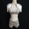 Sparkly Full Rhinestes Bikini Blanc 3 Pièces Ensemble Sexy Stage Outfit Femme Discothèque Bar Costume Dance Team Jazz Dance Vêtements v3R0 #