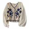 Femmes Casual Col V Butt Down Cardigan Court Puff Lg Manches Élégantes Broderie Florale pour VESTE Cover Up Blouse t6bk #