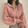 hooded Cardigan Sweater for Women Lg Sleeve Zip Up Knitted Crop Sweater Autumn Winter K8W2#