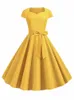 estate tinta unita giallo anni '50 anni '60 vintage Dr donna manica corta colletto quadrato elegante ufficio partito Midi Dres cintura r3e0 #