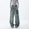 Kvinnors jeans höga midja graffiti flera fickor rak bred ben cool last denim byxor 2024 vinter mode 29l6551