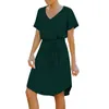 Party Dresses Women Summer V Neck Dress with Belt Elegant Casual Short Sleeve Retro Robe Solid Color Beach sundress Vestidos