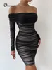 DRMECB OFF SHUPHER MESH PARTY DR FEMMES Vêtements Sexy Club Backl Rucched Bodyc Dres lg Sleeves Autumn Vestidos J3by #