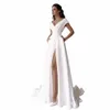 modest V-Neck Civil Wedding Dr with Slit for Women Simple Cap Sleeve Sweep Train A Line Bridal Gown Pockets Custom Made I0vm#