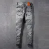 fi Vintage Homens Jeans de Alta Qualidade Retro Cinza Escuro Stretch Slim Fit Jeans Rasgado Homens Casual Designer Calças Jeans Hombre B6je #