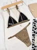 Damenbadebekleidung Goldglitter Badeanzug Frauen 2023 glänzender zweiteiliger Bikini sexy V-Ausschnitt Hosenträger Bademode hohe Taille ackless Badeanzug XMC185W T240328