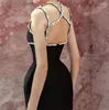 Casual Dresses Luxury Designer Spring Summer Black Party Prom Dress Women Double Spaghetti Strap Pearls Pärlade Sexig backless bodycon midi