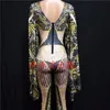 Dames Nieuwe Fi 3D -printing Jumpsuit Outfit Vier Rhineste kostuum vrouwelijke zanger Big Sheeves Bodysuit Performance Wear B3WC#