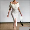 Basic & Casual Dresses Off Shoder Bodycon Women 2022 Summer Slim Long Split Dress Ladies Vintage Party With Belt Drop Delivery Appare Dhnt7