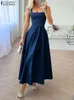 zanzea Sexy Strap Tank Dres Women Fi Square Collar Maxi Sundr Vintage Satin Waisted Dr Summer Holiday Party Robe C9CL#