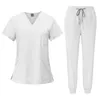 fi Bianco Uniformi ospedaliere Infermiera Bellezza Dentale Sal Abiti da lavoro LOGO personalizzato Uniforme Scrub medico Jogger Set unisex 89SJ #