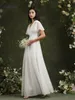 Eenvoudige ivoor bruidsmeisje dres dames 2023 a-line puffer puffer korte mouw v-neck plooi tule open rug bruiloft feestjurken met riem d01c#