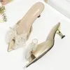 Sandaler Fasion Sexy Shoes Woman 2024 Trend Summer Ladies Bot Knot Form Diamonds High Heel For Wedding Party Stiletto