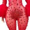 Brilhar cristal vermelho macacão sexy peludo rhinestes dr roupa feminina boate cantor traje palco dança ds roupas guibin m0we #