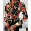 Damesblouses Overhemden Damesmode Trend Dames Slank overhemd met V-hals Contrasterende kleur Top met lange mouwen Hoge taille Nauwsluitend Printi Dhztj