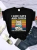 私は猫とコーヒープリントTシャツの女性ヒップホップサマーソフトトップfiカジュアルかわいいショートスリーブ通気性クールなTシャツY26i＃が好きです