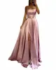 babyonline Satin A-line Gown with Strappy Lace Up Back and High Skirt Slit Floor Length Wedding Bridesmaid Dres Prom Dr x9hI#