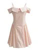 Vestidos casuais mulheres elegante 2024 primavera verão sólido cintura alta mini vestido chique senhora vintage slash neck rosa magro curto plissado