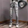 Мужские джинсы Ly Дизайнерская мода Мужчины Высокое качество Ретро Серые эластичные облегающие рваные вышивки Винтажные джинсовые брюки Hombre