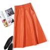 Skirts Women A-line Long Leather Skirt 2024 Spring Femme Sheep Skin Big Hem Pocket Maxi Jupe Mujer Organge Umbrella Faldas Largas