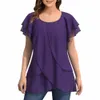 Plus Size Casual Roxo Escuro Chiff Ruffle Manga Em Camadas Blusa de Bainha Assimétrica w1ky #