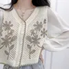 women Casual V-Neck Butt Down Cropped Cardigan Puff Lg Sleeve Elegant Embroidery Floral for JACKET Cover Up Blouse B8Af#